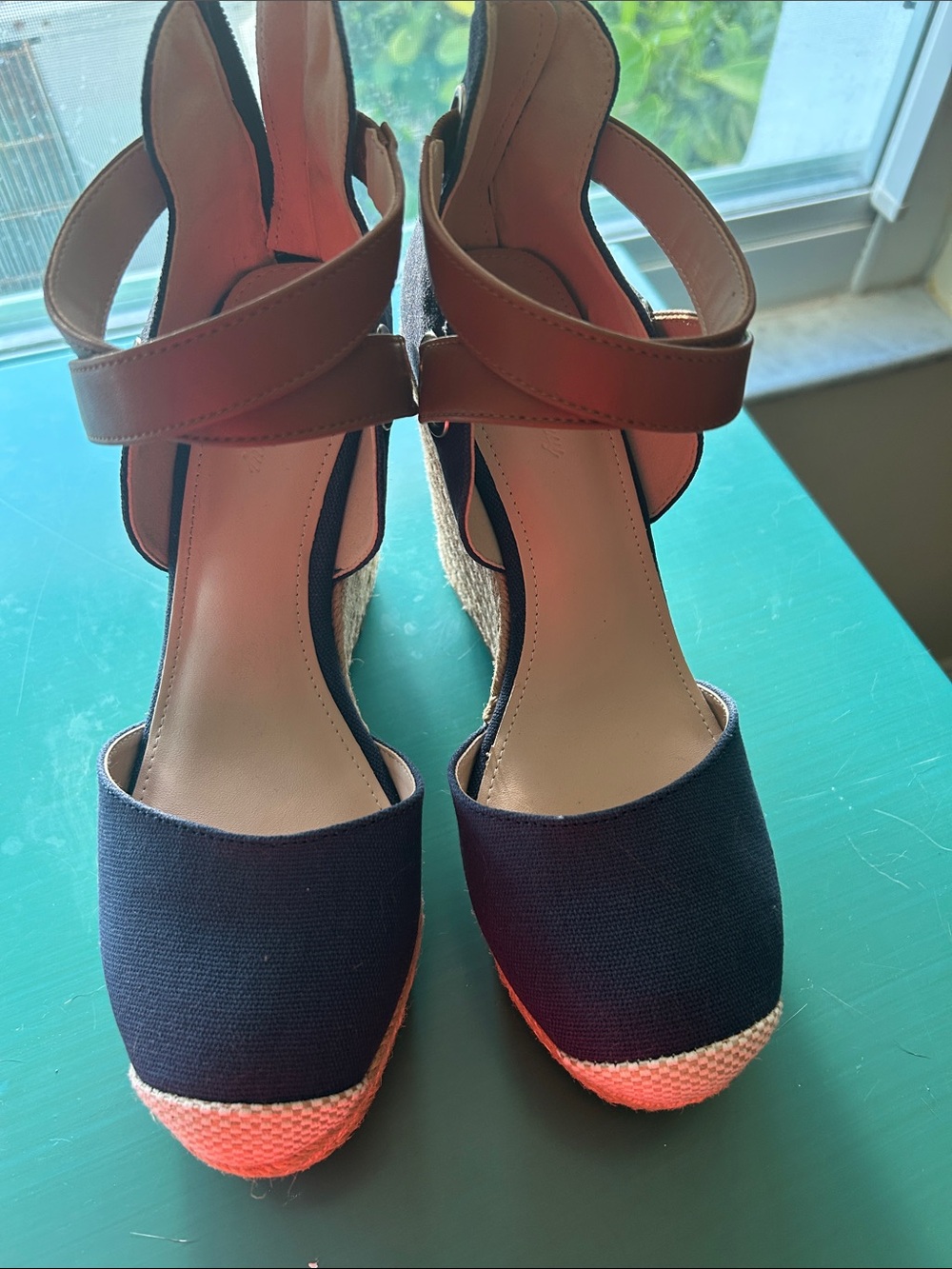 Women's Navy Espadrille Wedge Sandals with Tan Ankle Strap